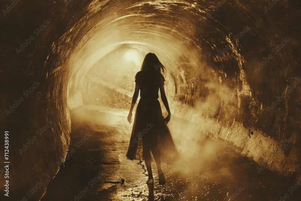 Aufkleber a woman is pictured in a dark tunnel with a ray of light shining at the end. this image can be used 