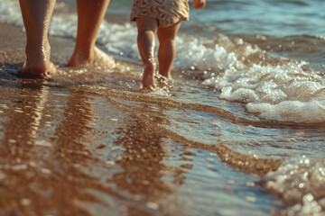 Fototapeta premium A person and child are seen walking along the beach. This image can be used to depict family time, summer vacations, or beach outings