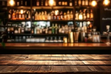 Bar table interior in pub with wooden counter background desk space blurred light for drink design cafe top in coffee restaurant vintage retro style wine shop brown alcohol abstract blurry kitchen - obrazy, fototapety, plakaty