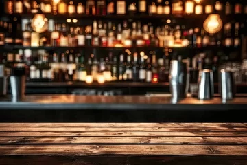 Fototapeten Bar table interior in pub with wooden counter background desk space blurred light for drink design cafe top in coffee restaurant vintage retro style wine shop brown alcohol abstract blurry kitchen © Thares2020