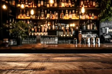 Fotobehang Bar table interior in pub with wooden counter background desk space blurred light for drink design cafe top in coffee restaurant vintage retro style wine shop brown alcohol abstract blurry kitchen © Thares2020