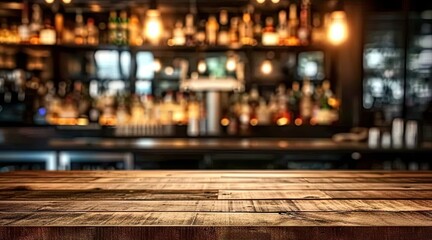 Bar table interior in pub with wooden counter background desk space blurred light for drink design cafe top in coffee restaurant vintage retro style wine shop brown alcohol abstract blurry kitchen - Powered by Adobe