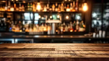 Muurstickers Bar table interior in pub with wooden counter background desk space blurred light for drink design cafe top in coffee restaurant vintage retro style wine shop brown alcohol abstract blurry kitchen © Thares2020