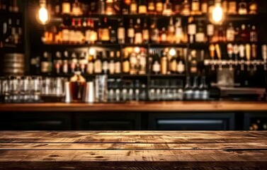 Bar table interior in pub with wooden counter background desk space blurred light for drink design cafe top in coffee restaurant vintage retro style wine shop brown alcohol abstract blurry kitchen