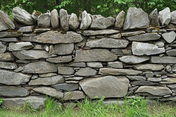 Stone wall in a picturesque grassy field, perfect for rustic and natural landscapes