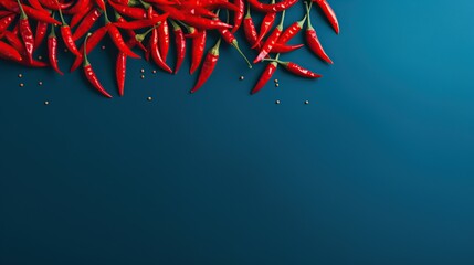 Dynamic scattering of red chili peppers on a deep blue surface, creating a striking visual contrast