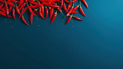 Afwasbaar Fotobehang Hete pepers Dynamic scattering of red chili peppers on a deep blue surface, creating a striking visual contrast
