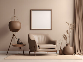 Picture frame mockup in dark tones design with leather black armchair and decoration minimal. 3d rendering