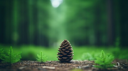 Solitary pine cone in sharp focus on forest floor surrounded by soft ferns, with a dreamy bokeh...
