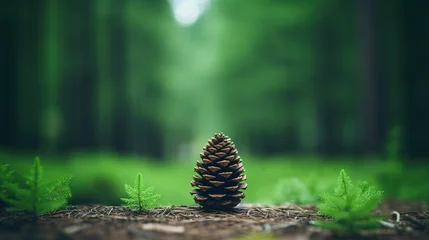 Foto auf Alu-Dibond Solitary pine cone in sharp focus on forest floor surrounded by soft ferns, with a dreamy bokeh light effect © logonv