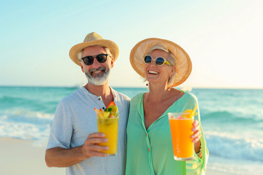 Mature older couple man and woman enjoy a fresh cocktail on the beach - Powered by Adobe