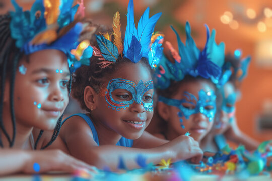 A multiracial group of children, adorned with masks and colorful handmade feather crowns, enjoy the joy of a costume party in their school classroom.