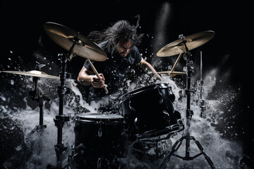 Drummer using drum sticks hitting snare drum with splashing water on black background 