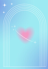 Blue gradient poster with linear frame blurred heart in y2k style. Aesthetic retro web banner for valentines day