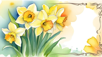 Watercolor drawing of daffodils with space for text.