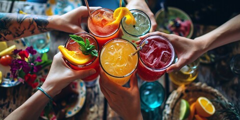 Close friends clinking luxurious cocktails - Youthful group enjoying themselves while consuming alcoholic beverages at a cheerful gathering - Social gathering with a vibrant aesthetic