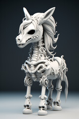 Toy art design of evil unicorn skeleton, full body, black background. 3D rendering design illustration.