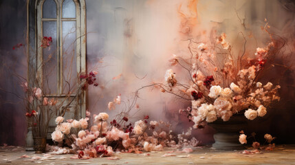 Create enchanting visuals with this studio photo backdrop, featuring an empty, blank stage, soft flowers, and a play of captivating ambient light