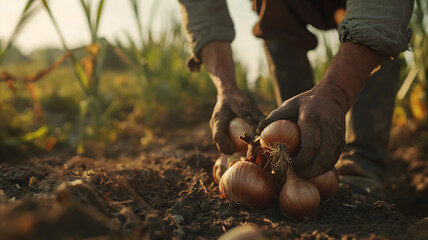 Imagen de un agricultor recolectando cebollas de la tierra - obrazy, fototapety, plakaty