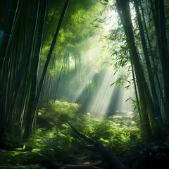 A tranquil bamboo forest with sunlight filtering through.