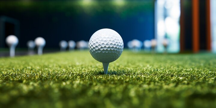 Golf sphere on tee inside simulator.