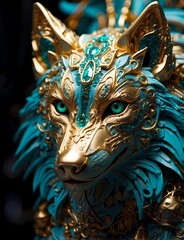 Fototapeta premium Mystical Reverie: Ethereal Wolf Portrait in Teal, Emerald, and Gold Symphony Generated with AI