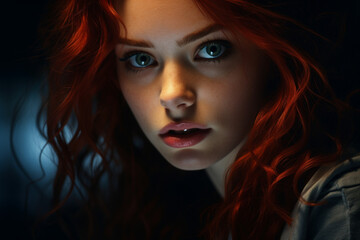 Face of girl with red hairs looks up in dark