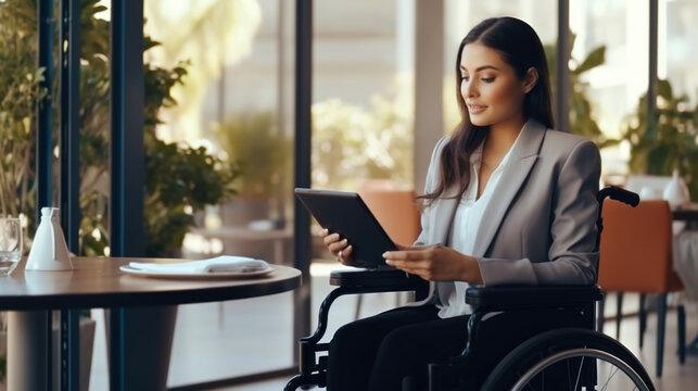 Beautiful businesswoman in a wheelchair is talking on a tablet in office. Social issues of the disabled. Generative AI