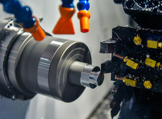 The multi-tasking CNC lathe machine milling cut the metal part, The hi-technology parts manufacturing