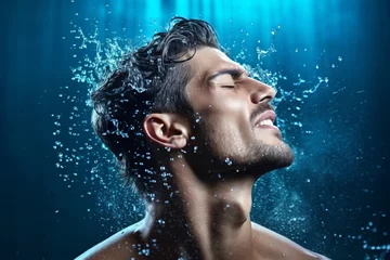 Fotobehang Face, water splash and shampoo shower of man in studio isolated on a blue background. Water drops, hair care and male model washing, bathing or cleaning for healthy skin, wellness or skincare hygiene  © Ahmed
