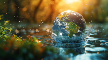 Crystal earth on a water with grassland flowers and water. Creative environmental concept with copy space