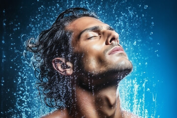 Face, water splash and shampoo shower of man in studio isolated on a blue background. Water drops, hair care and male model washing, bathing or cleaning for healthy skin, wellness or skincare hygiene 