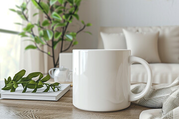 Fototapeta na wymiar White mug mockup on a wooden desk - Coffee mug