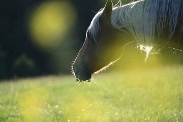 Sommerstimmung. Portrait eines schönen Pferdes in gelber Blumenwiese im Gegenlicht