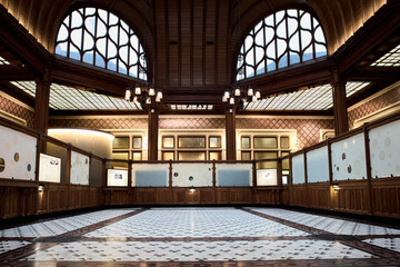 Splendeur historique, intérieur de l'ancienne Banque de France avec verrières et bureau classique