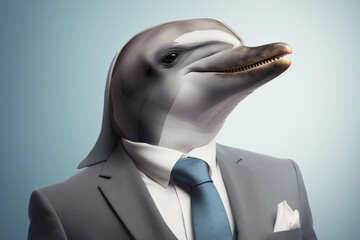 Dolphin in a suit and tie on a blue background. Anthropomorphic animals concept.