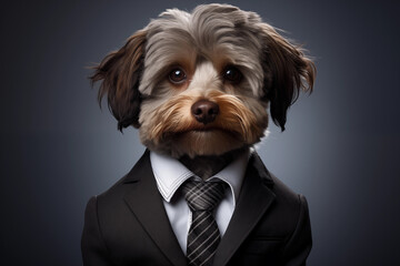 Yorkshire Terrier dog in a suit and tie on a gray background. Anthropomorphic animals concept - obrazy, fototapety, plakaty