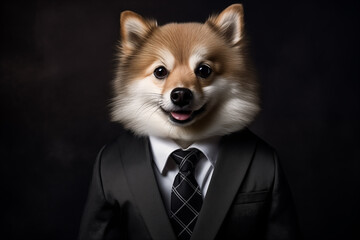 Chihuahua dog in a suit and tie on black background. Anthropomorphic animals concept - obrazy, fototapety, plakaty