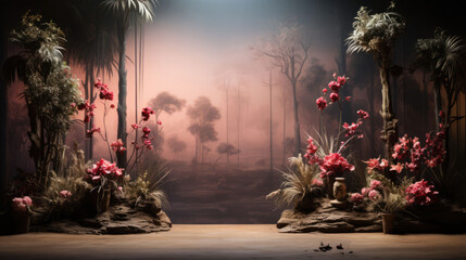 Create enchanting visuals with this studio photo backdrop, featuring an empty, blank stage, soft flowers, and a play of captivating ambient light