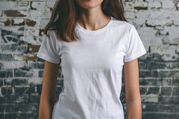 Naklejka na ściany i meble White t-shirt mockup wearing by a female model - Round neck t-shirt mockup