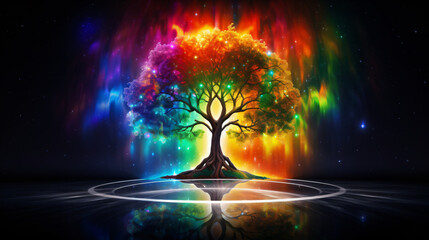 Magical lights and bright colors on a fantasy tree.