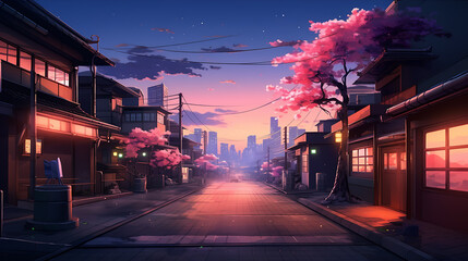 view of the city at night time with anime lofi cartoon style