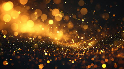gold light bokeh background with gold flakes in the dark