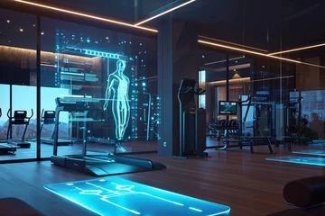 Deurstickers Fitness Future and Innovation in sport and training. Ai hologram virtual trainer trains a real person in a modern fitness center