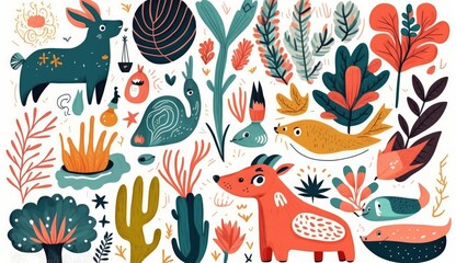 cute animals with modern colorful tropical floral pattern background. Hand drawn illustration, Generative ai