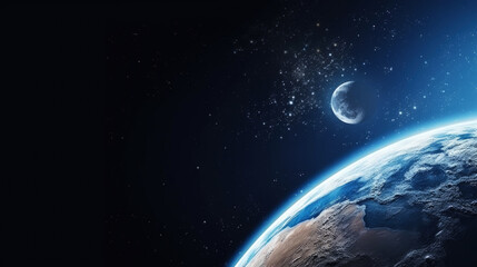 Photorealistic image of the Earth and Moon in space with space for text. Scientific space exploration. Generative AI