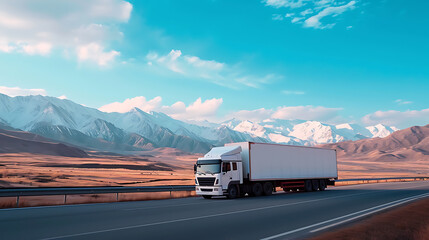 a truck on a highway road with mountain view and blue sky 