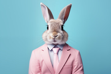 Easter bunny in pink suit and tie on a blue background. Anthropomorphic animals concept.