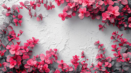 The white background imagea row of pink and gray flowers on a white wall.