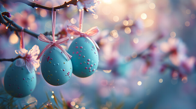 Blue Easter Eggs with Pink Ribbons Hanging on a Spring, Cherry Blossom Branch, Blurred Bokeh Background with Copy Space, Springtime Celebration, Decoration, Ornaments.